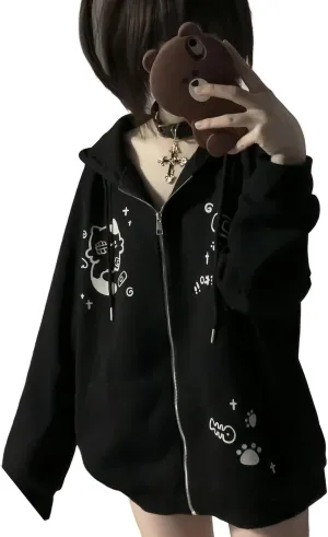 Womens Y2K Zip Up Cute Graphic Hoodies Cat Ears Casual Cartoon Harajuku Kawaii Clothes Oversize Streetwear Jacket