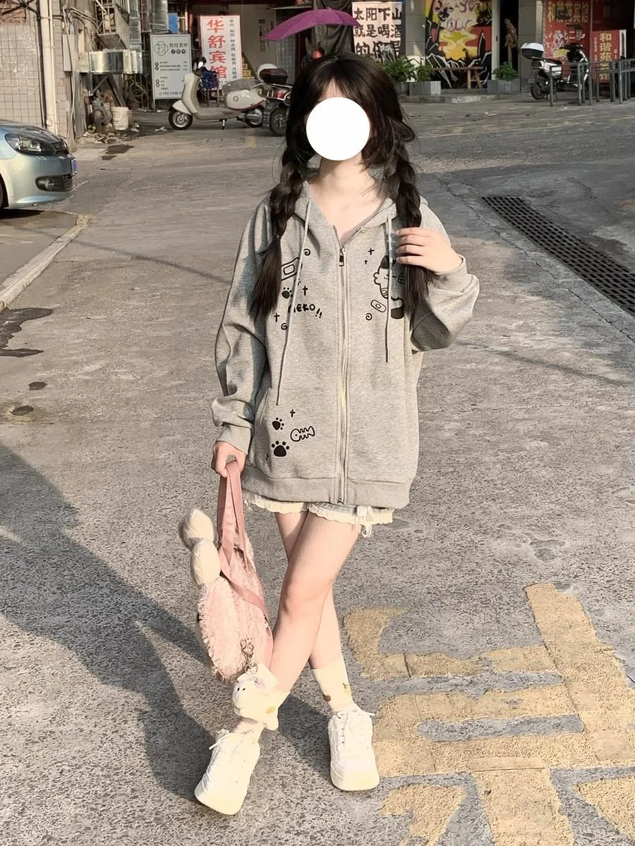 Womens Y2K Zip Up Cute Graphic Hoodies Cat Ears Casual Cartoon Harajuku Kawaii Clothes Oversize Streetwear Jacket