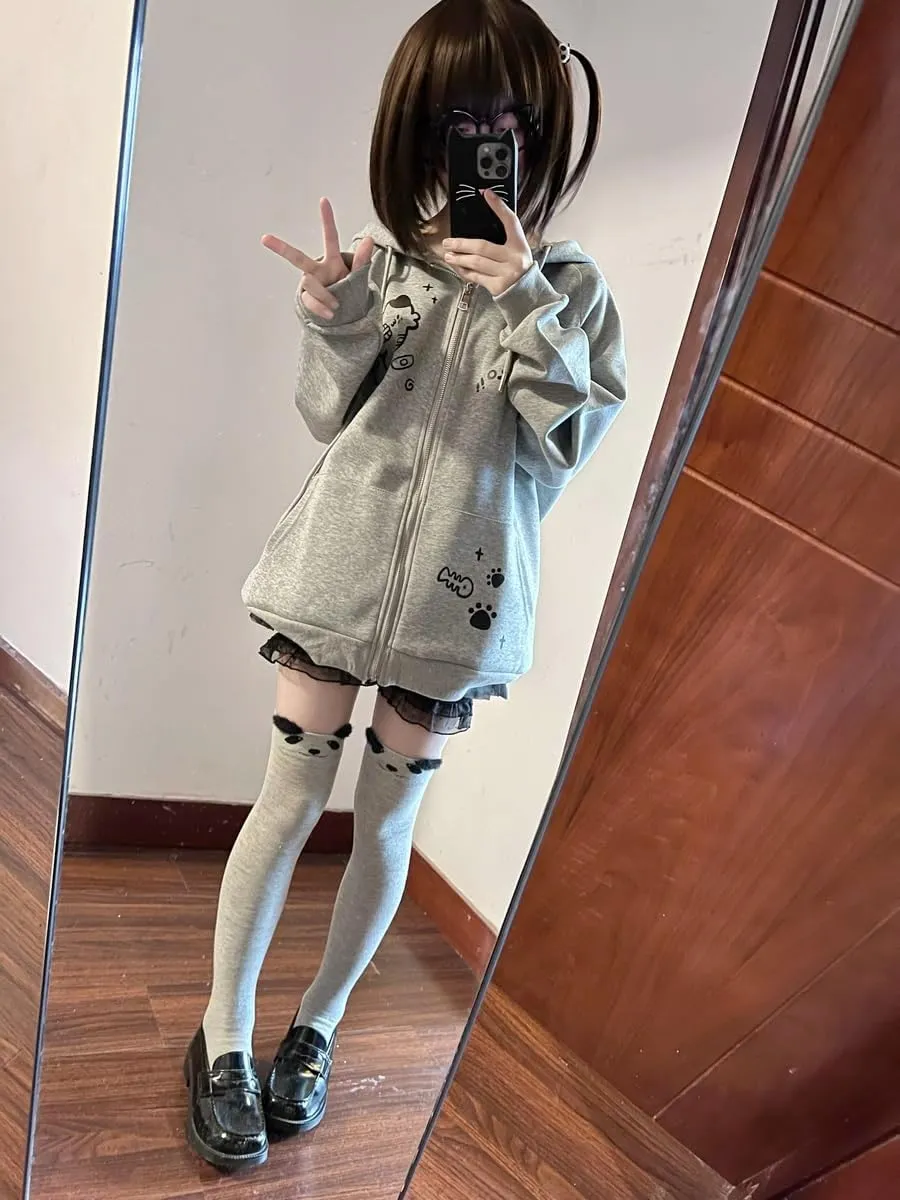 Womens Y2K Zip Up Cute Graphic Hoodies Cat Ears Casual Cartoon Harajuku Kawaii Clothes Oversize Streetwear Jacket