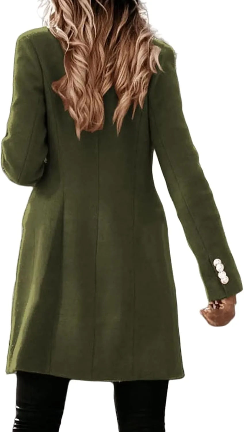 Wool Trench Coat Women Double Breasted Pea Coat Casual Long Sleeve Blazer Notch Collar Jacket Fall Winter Overcoat