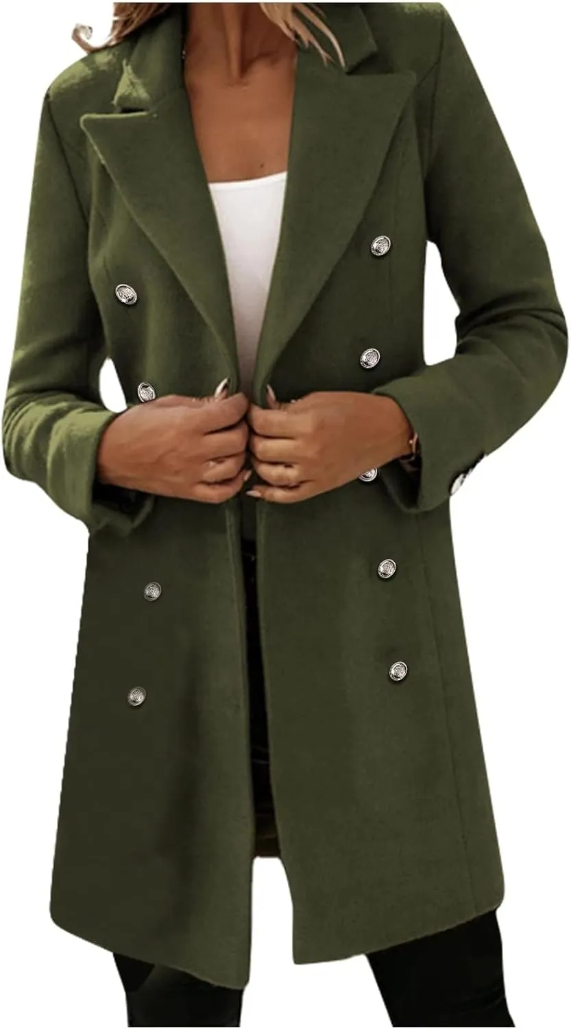 Wool Trench Coat Women Double Breasted Pea Coat Casual Long Sleeve Blazer Notch Collar Jacket Fall Winter Overcoat