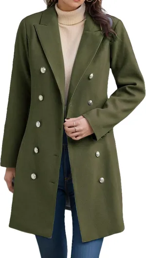 Wool Trench Coat Women Double Breasted Pea Coat Casual Long Sleeve Blazer Notch Collar Jacket Fall Winter Overcoat