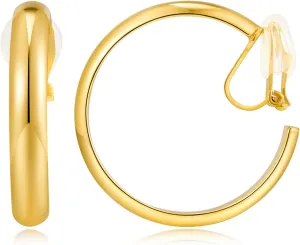 WOWORAMA Gold Clip On Hoop Earrings for Women - Classic Large Chunky Hoops - Non Pierced Minimalistic Clip Earrings