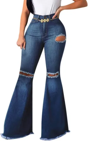 WUAI Plus Size Jeans for Women,Classic High Waist Bell Bottom Flare Jeans Stretch Fit Bootcut Jean Denim Pants