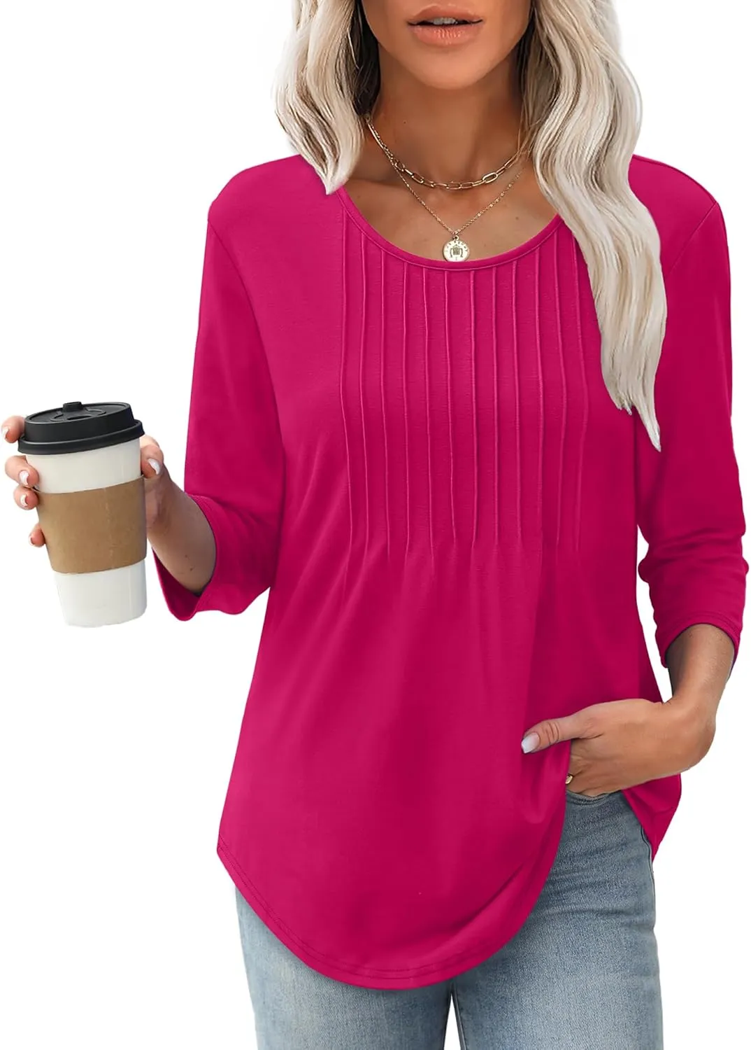 XIEERDUO 3/4 Length Sleeve Tops for Women 2025 Crewneck Casual Pleated Tunic Tops Loose Fit Shirts Blouses