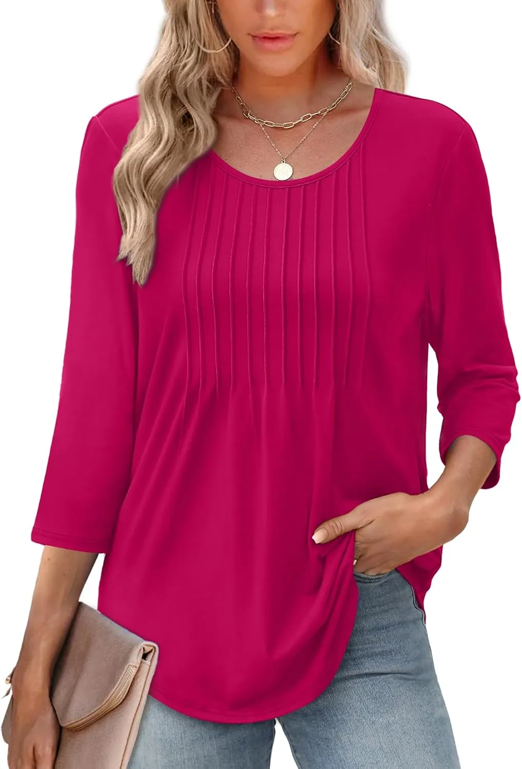 XIEERDUO 3/4 Length Sleeve Tops for Women 2025 Crewneck Casual Pleated Tunic Tops Loose Fit Shirts Blouses