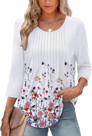 XIEERDUO 3/4 Length Sleeve Tops for Women 2025 Crewneck Casual Pleated Tunic Tops Loose Fit Shirts Blouses