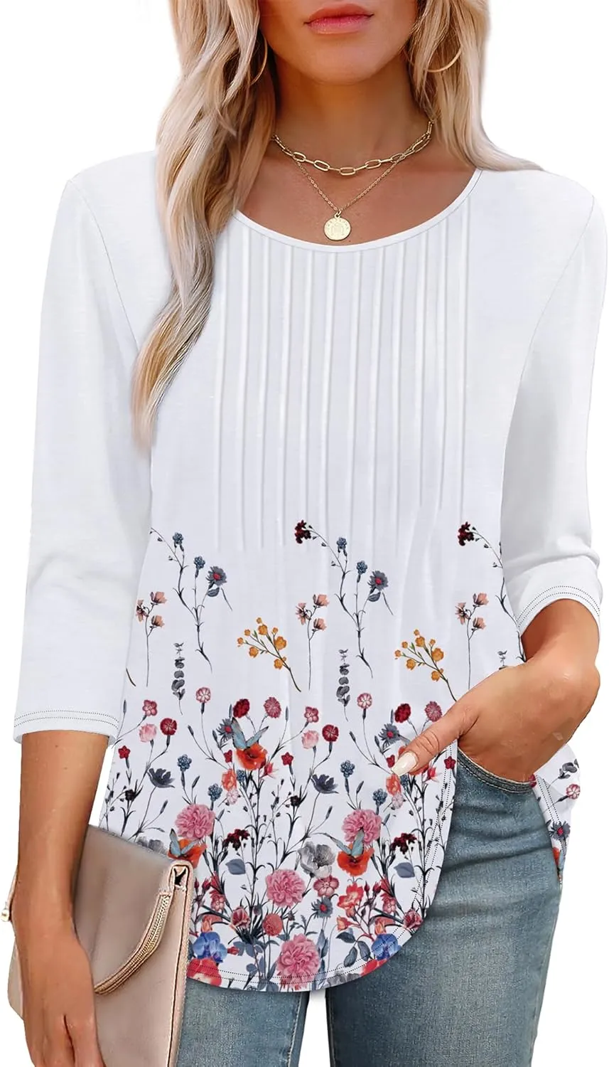 XIEERDUO 3/4 Length Sleeve Tops for Women 2025 Crewneck Casual Pleated Tunic Tops Loose Fit Shirts Blouses