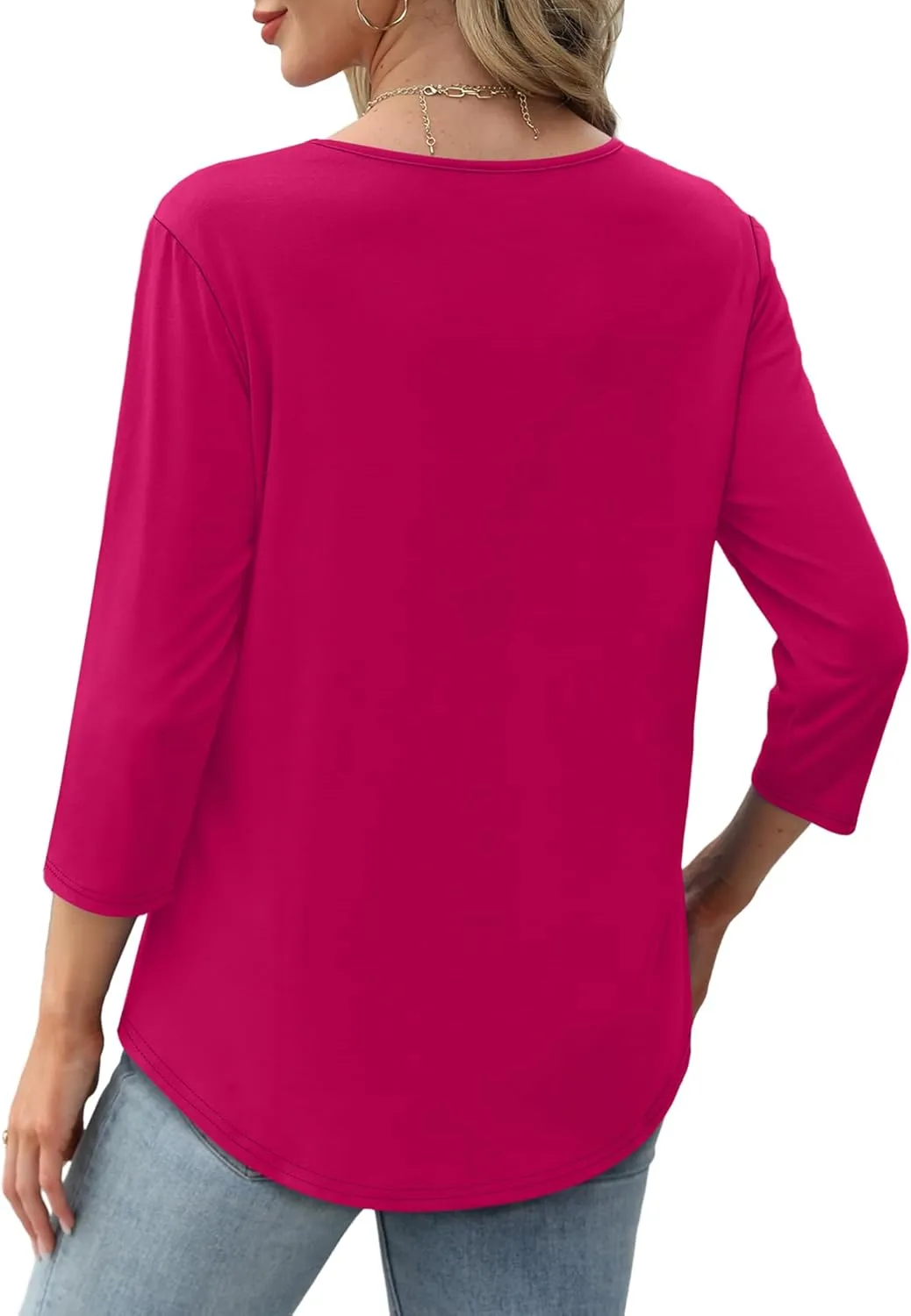 XIEERDUO 3/4 Length Sleeve Tops for Women 2025 Crewneck Casual Pleated Tunic Tops Loose Fit Shirts Blouses