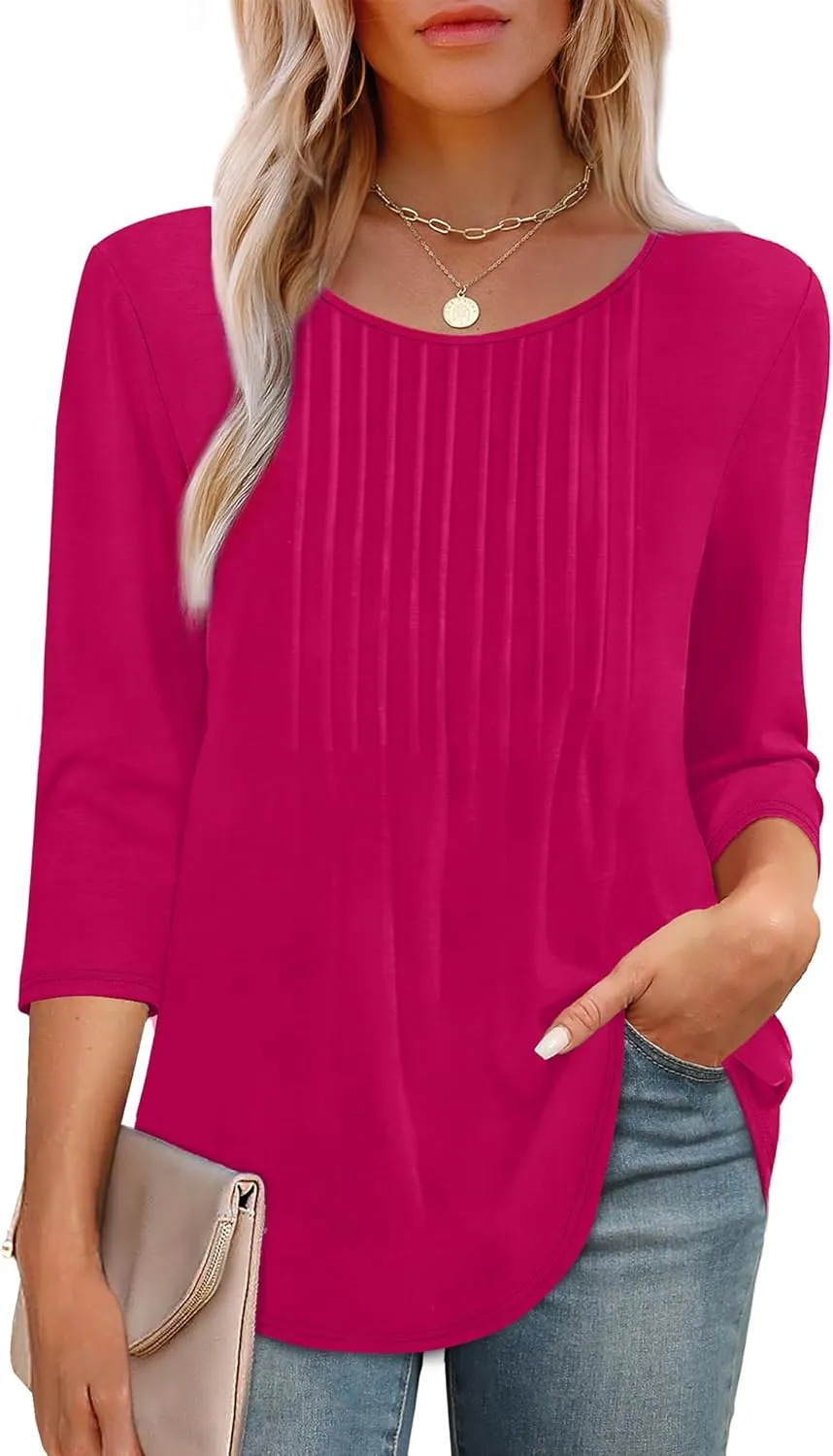 XIEERDUO 3/4 Length Sleeve Tops for Women 2025 Crewneck Casual Pleated Tunic Tops Loose Fit Shirts Blouses