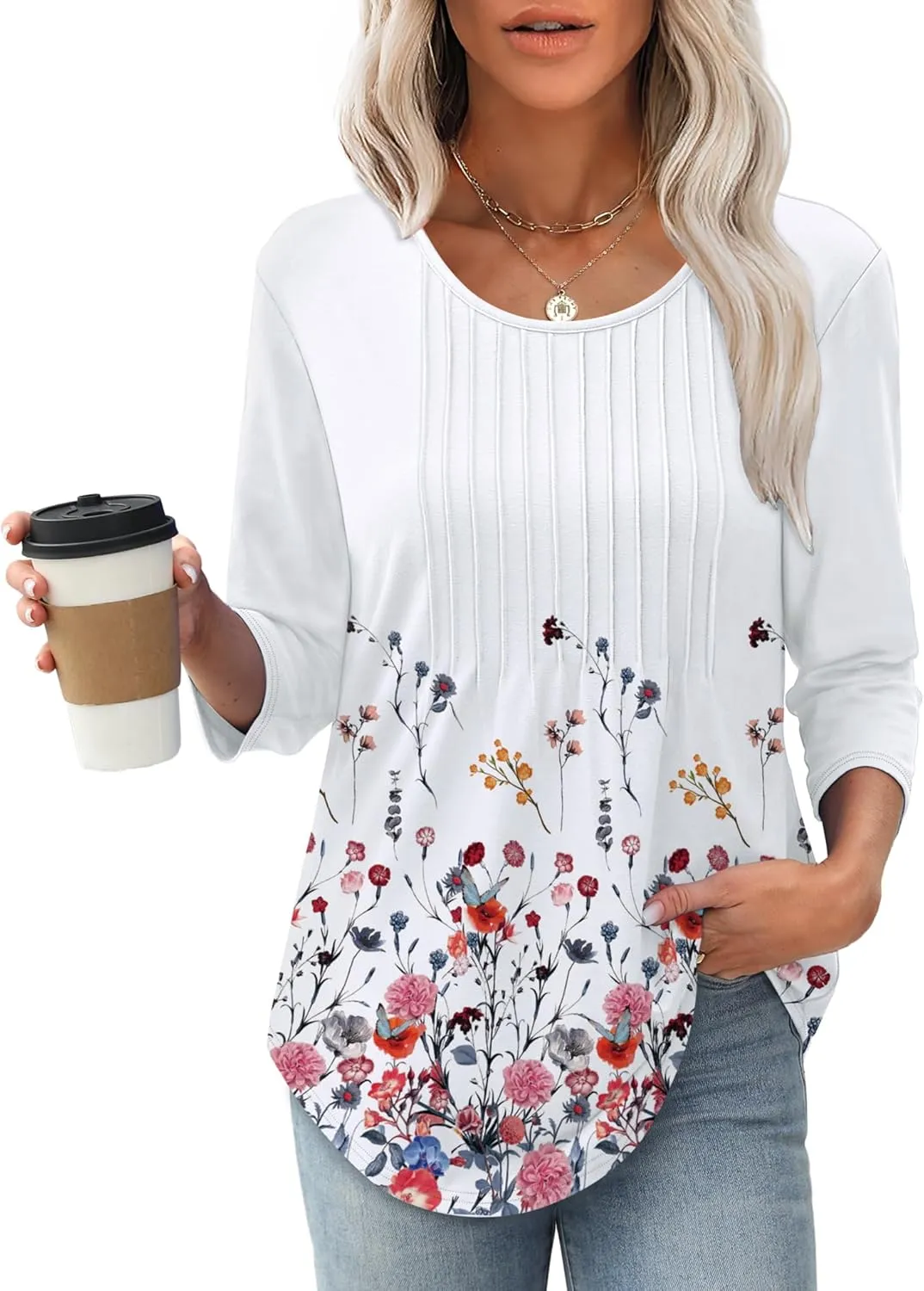 XIEERDUO 3/4 Length Sleeve Tops for Women 2025 Crewneck Casual Pleated Tunic Tops Loose Fit Shirts Blouses