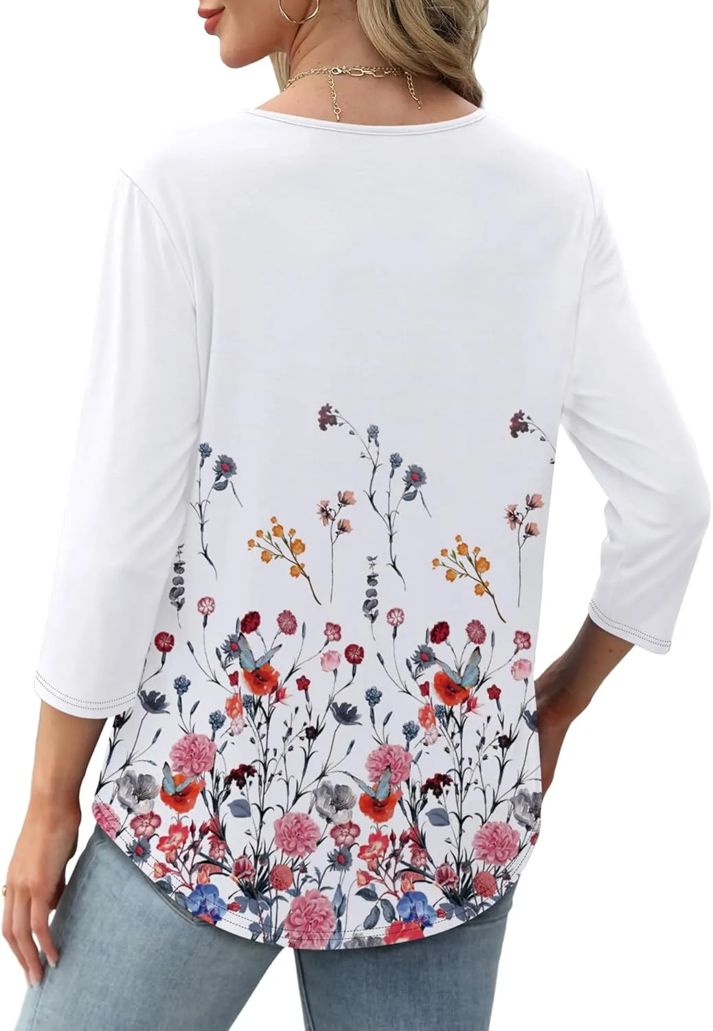 XIEERDUO 3/4 Length Sleeve Tops for Women 2025 Crewneck Casual Pleated Tunic Tops Loose Fit Shirts Blouses