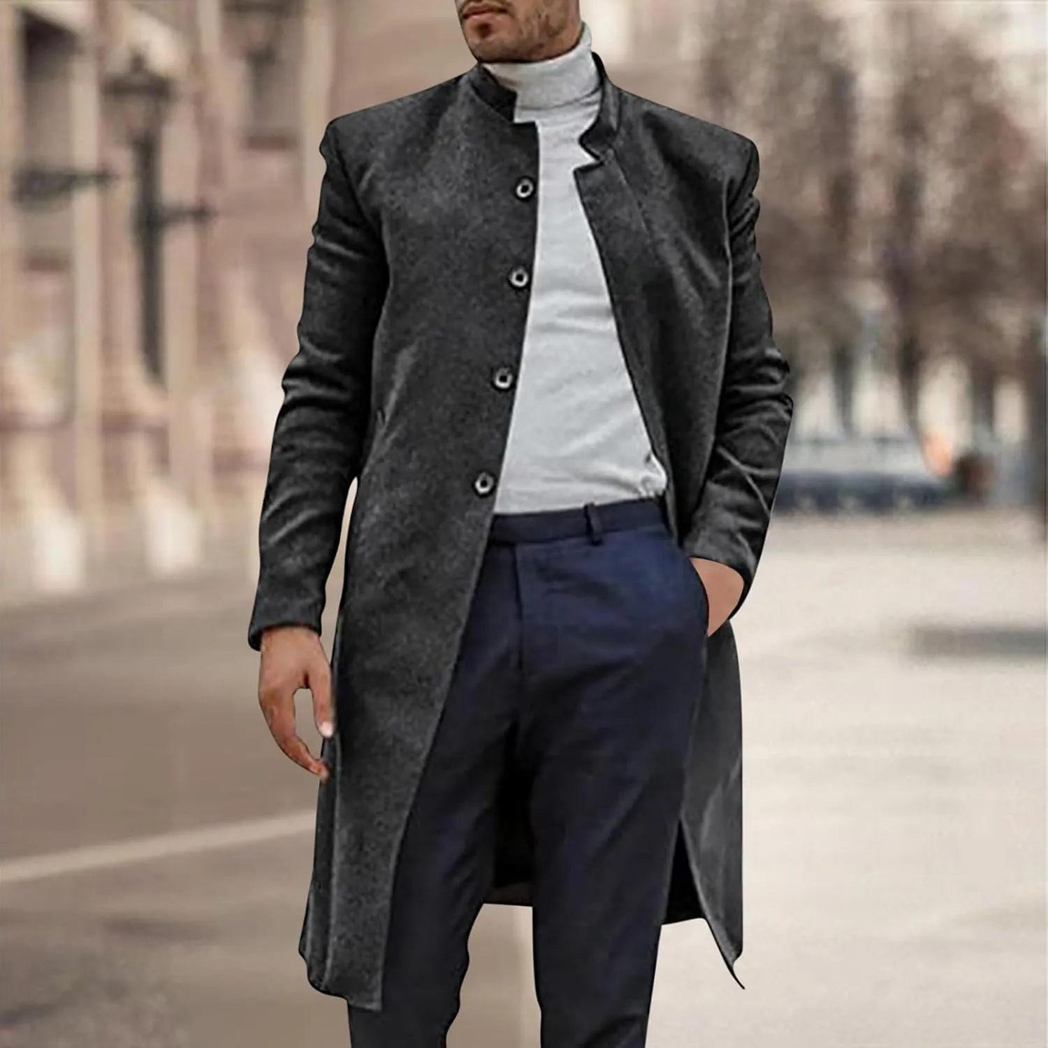 XUNRYAN Mens Wool Blend Pea Coat Notched Collar Single Breasted Overcoat Warm Winter Trench Coat Mid Long Jacket Work Outwear
