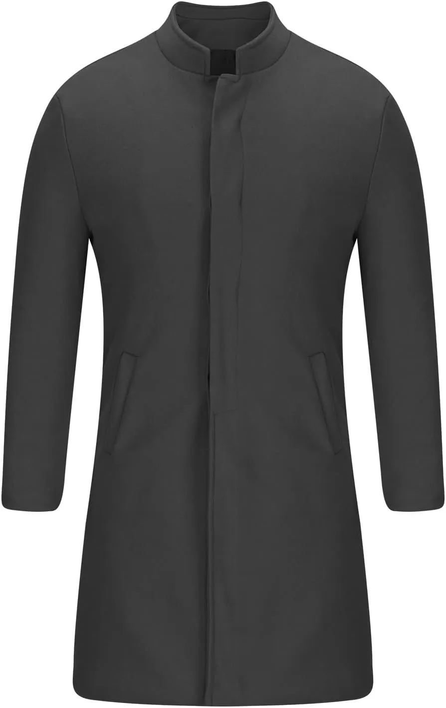 XUNRYAN Mens Wool Blend Pea Coat Notched Collar Single Breasted Overcoat Warm Winter Trench Coat Mid Long Jacket Work Outwear