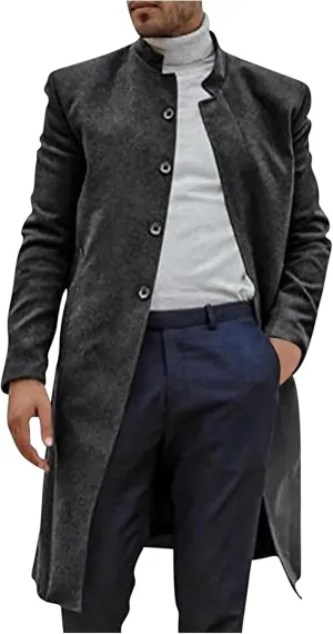 XUNRYAN Mens Wool Blend Pea Coat Notched Collar Single Breasted Overcoat Warm Winter Trench Coat Mid Long Jacket Work Outwear