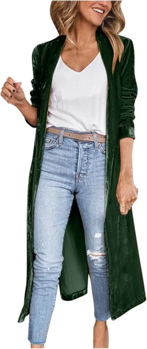 XUNRYAN Womens Long Velvet Cardigan Jacket Lapel Collar Open Front Cardigan Trench Coats Sweater Winter Fall Outwear