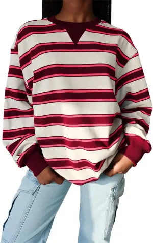 Y2K Sweatshirt Women Striped Oversized Color Block Crew Neck Long Sleeve Shirt Casual Pullover Top 2024 Fall Clothes