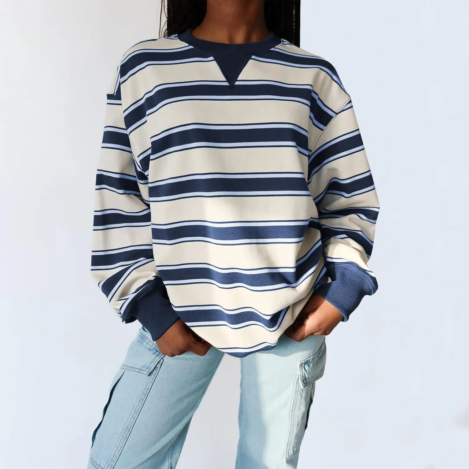 Y2K Sweatshirt Women Striped Oversized Color Block Crew Neck Long Sleeve Shirt Casual Pullover Top 2024 Fall Clothes