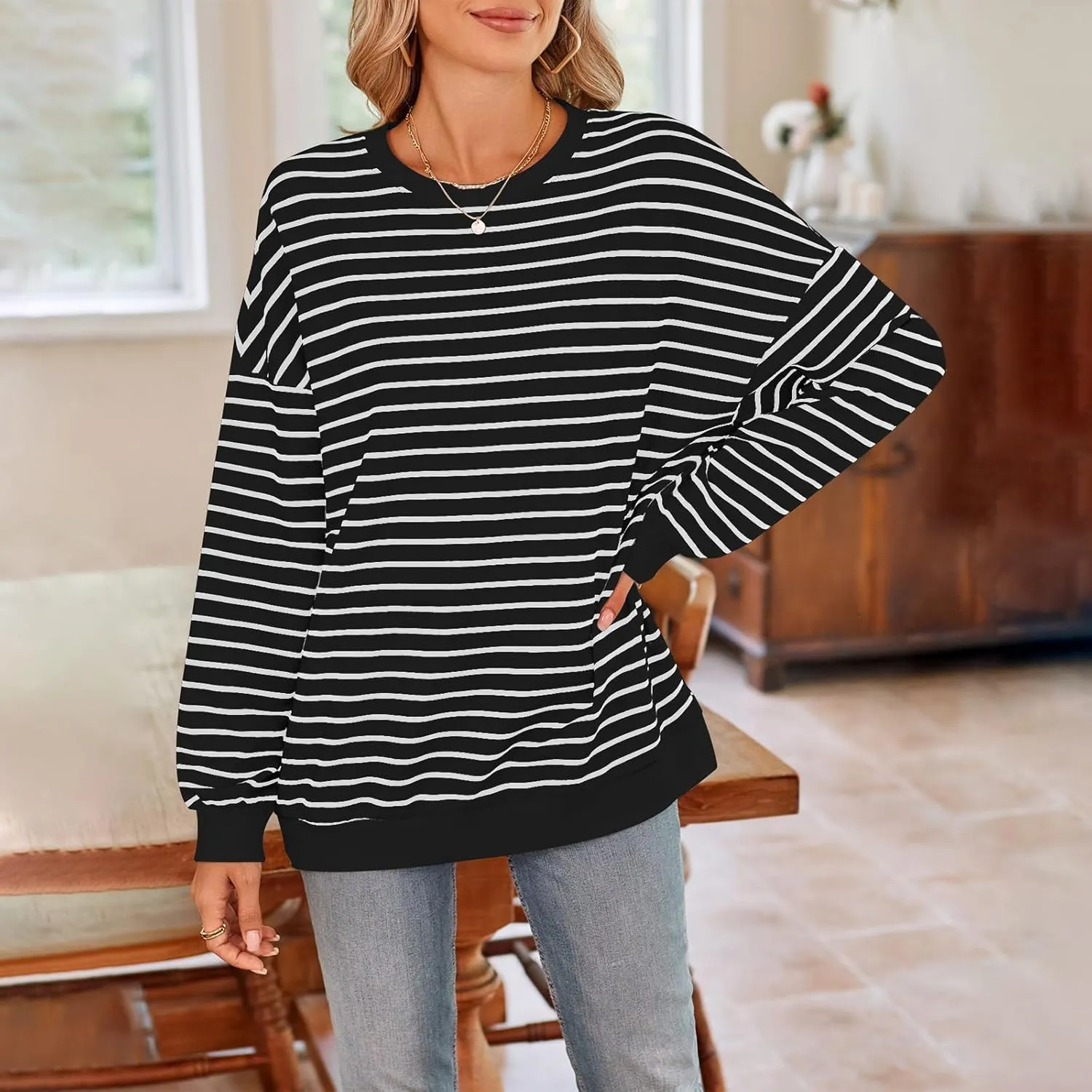 Y2K Sweatshirt Women Striped Oversized Color Block Crew Neck Long Sleeve Shirt Casual Pullover Top 2024 Fall Clothes