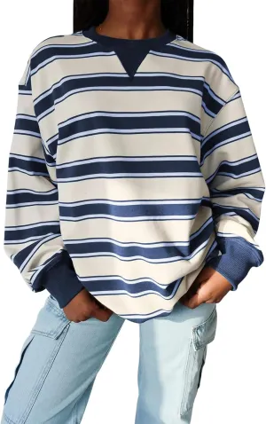 Y2K Sweatshirt Women Striped Oversized Color Block Crew Neck Long Sleeve Shirt Casual Pullover Top 2024 Fall Clothes