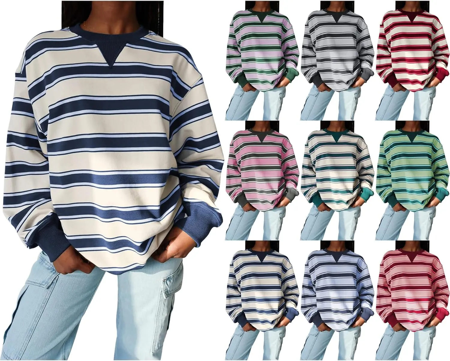 Y2K Sweatshirt Women Striped Oversized Color Block Crew Neck Long Sleeve Shirt Casual Pullover Top 2024 Fall Clothes