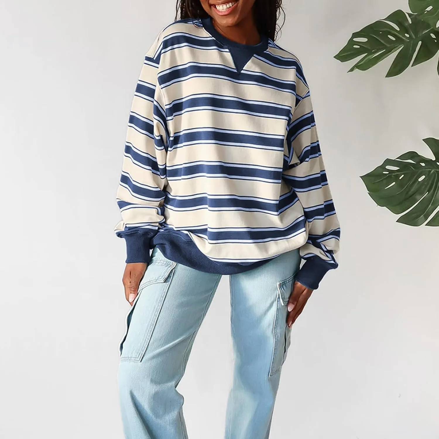 Y2K Sweatshirt Women Striped Oversized Color Block Crew Neck Long Sleeve Shirt Casual Pullover Top 2024 Fall Clothes