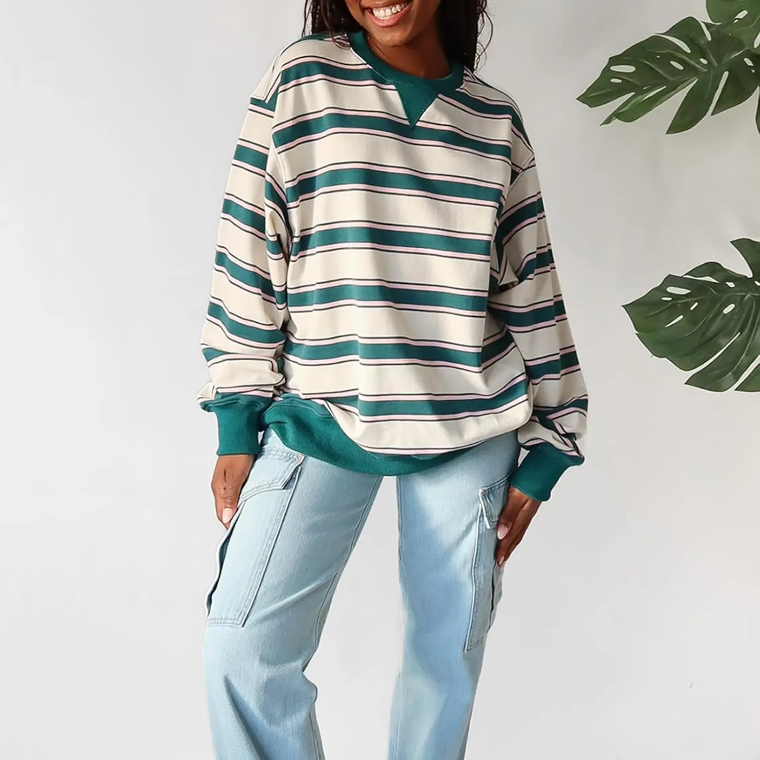 Y2K Sweatshirt Women Striped Oversized Color Block Crew Neck Long Sleeve Shirt Casual Pullover Top 2024 Fall Clothes