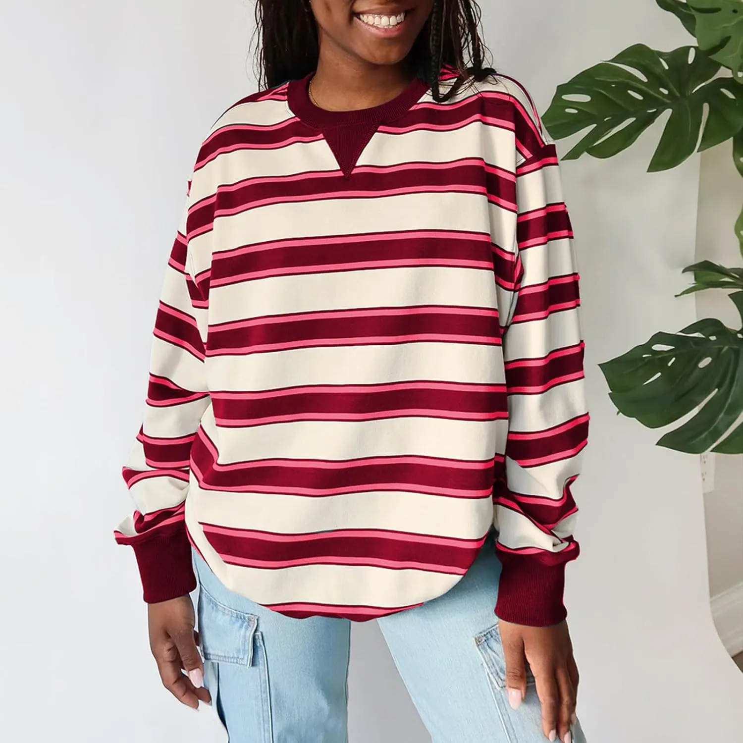 Y2K Sweatshirt Women Striped Oversized Color Block Crew Neck Long Sleeve Shirt Casual Pullover Top 2024 Fall Clothes