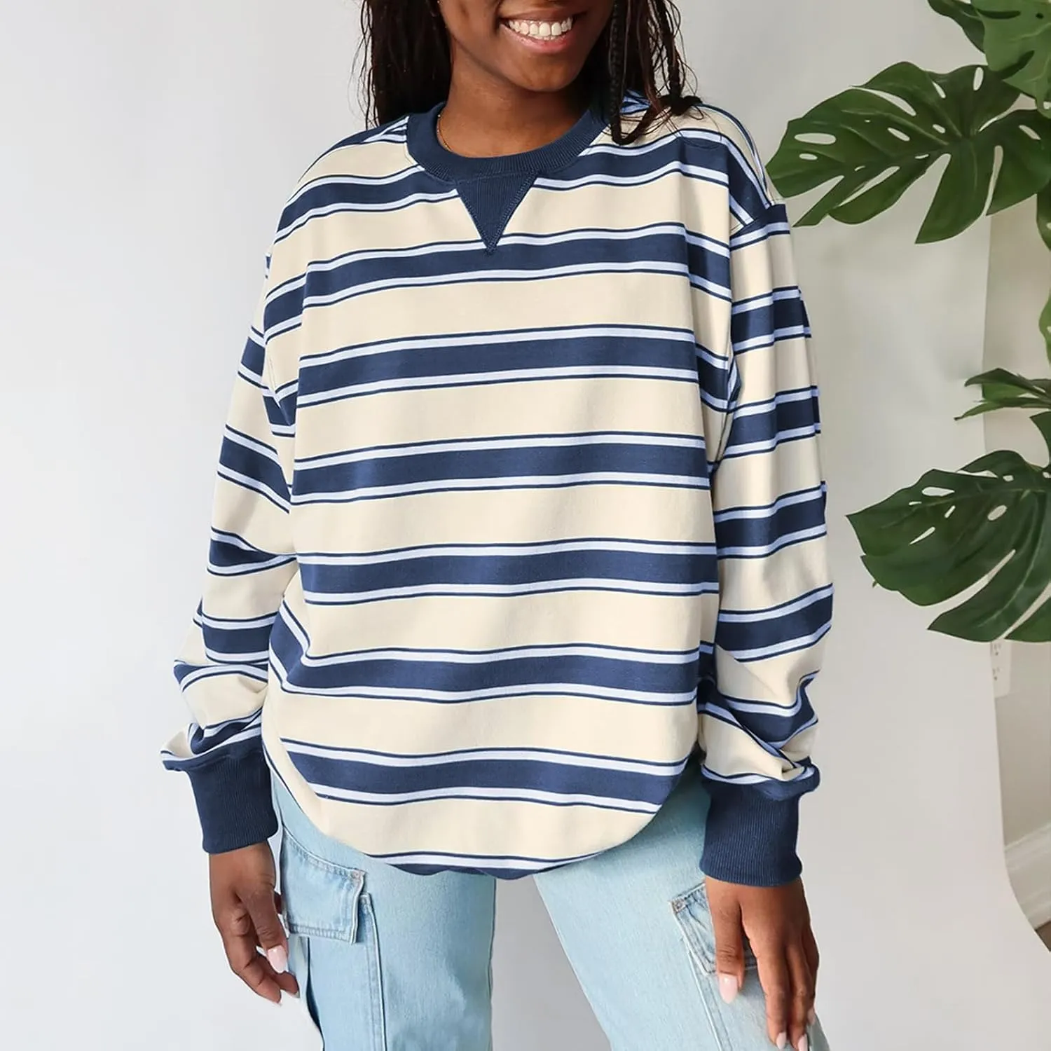 Y2K Sweatshirt Women Striped Oversized Color Block Crew Neck Long Sleeve Shirt Casual Pullover Top 2024 Fall Clothes