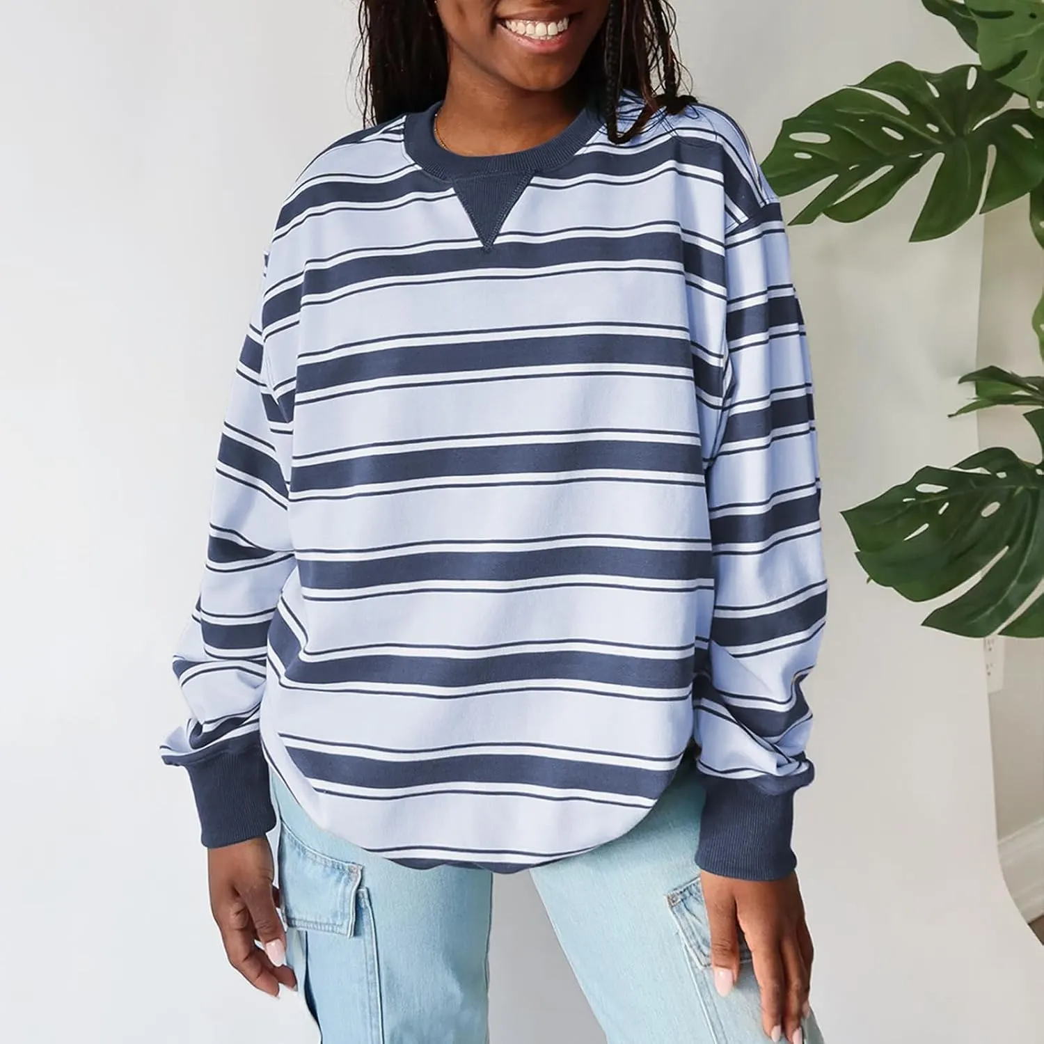 Y2K Sweatshirt Women Striped Oversized Color Block Crew Neck Long Sleeve Shirt Casual Pullover Top 2024 Fall Clothes