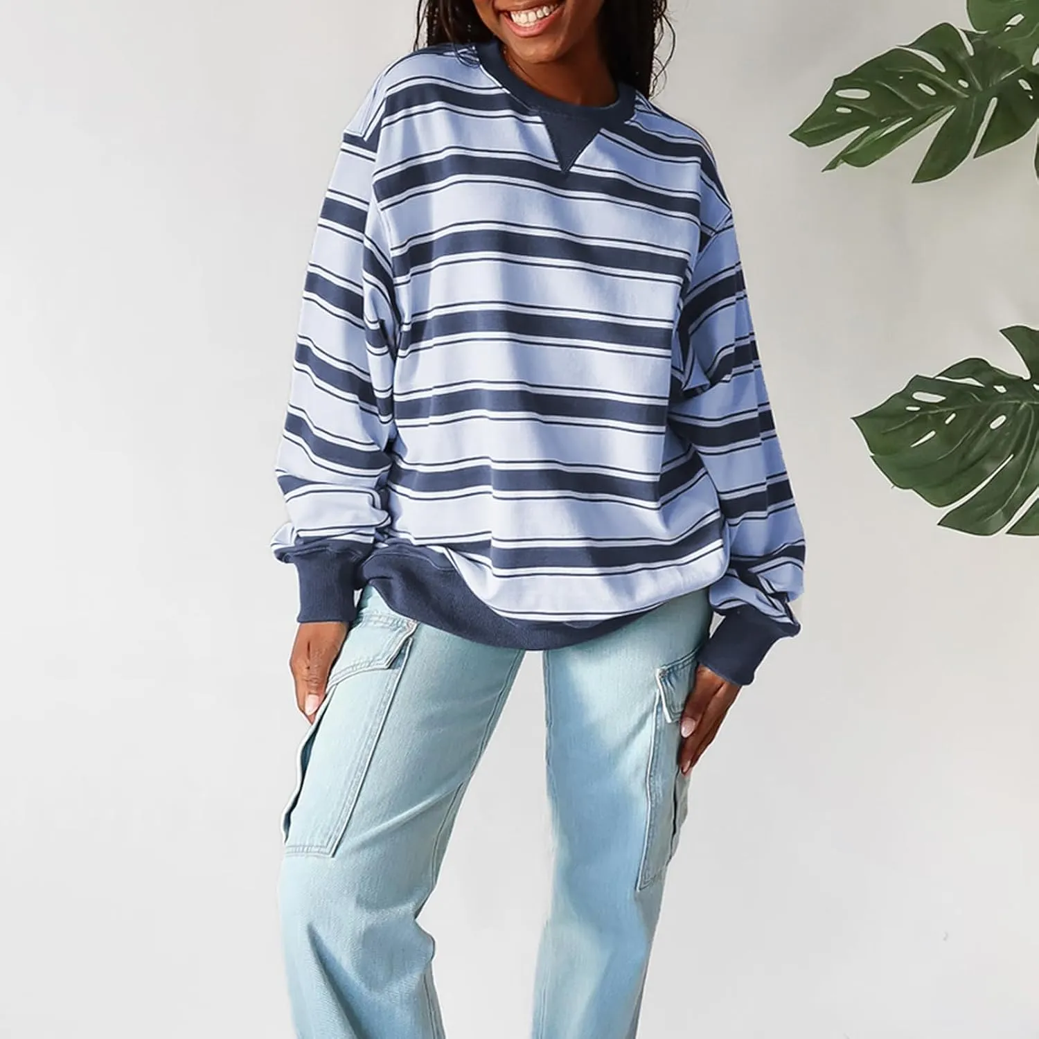 Y2K Sweatshirt Women Striped Oversized Color Block Crew Neck Long Sleeve Shirt Casual Pullover Top 2024 Fall Clothes