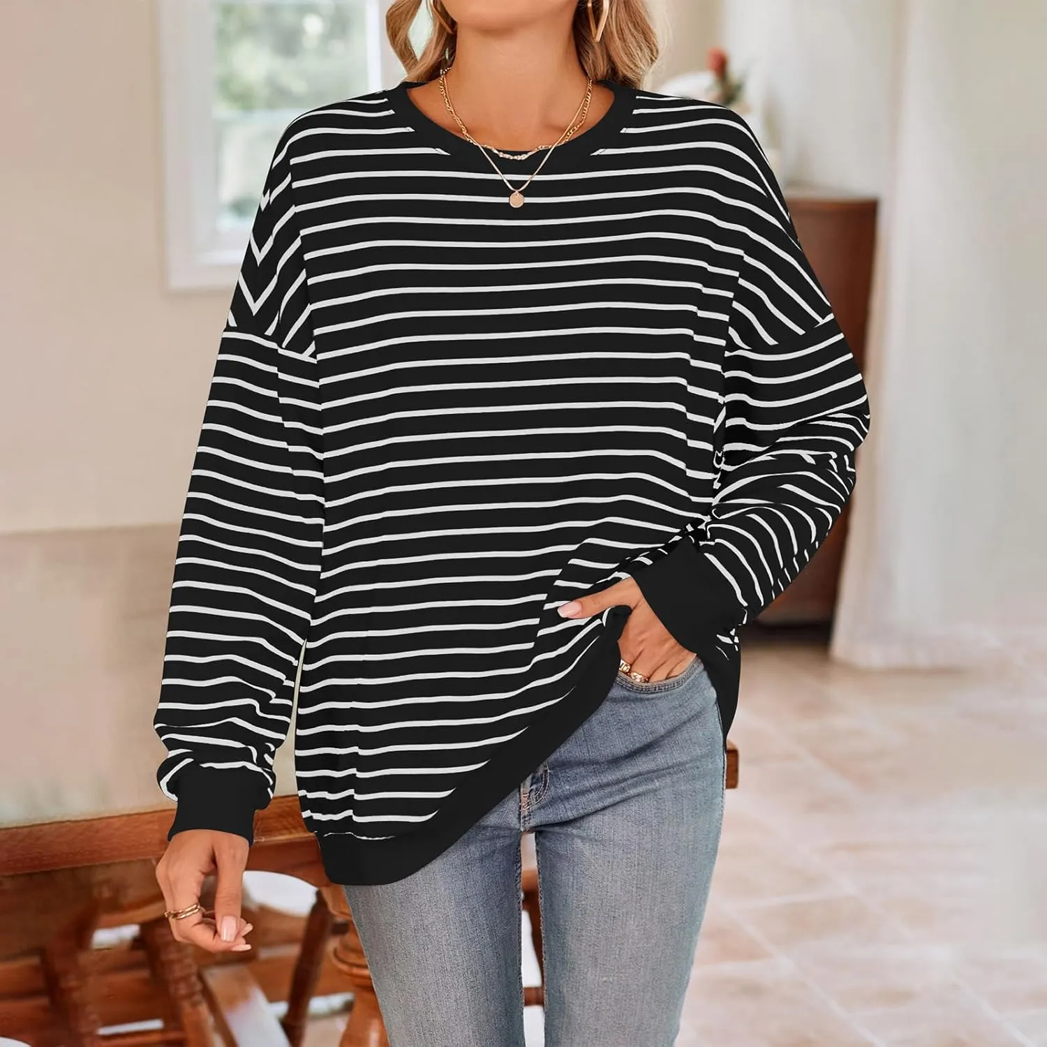 Y2K Sweatshirt Women Striped Oversized Color Block Crew Neck Long Sleeve Shirt Casual Pullover Top 2024 Fall Clothes