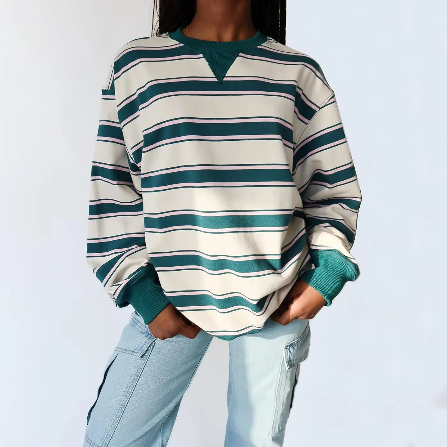 Y2K Sweatshirt Women Striped Oversized Color Block Crew Neck Long Sleeve Shirt Casual Pullover Top 2024 Fall Clothes