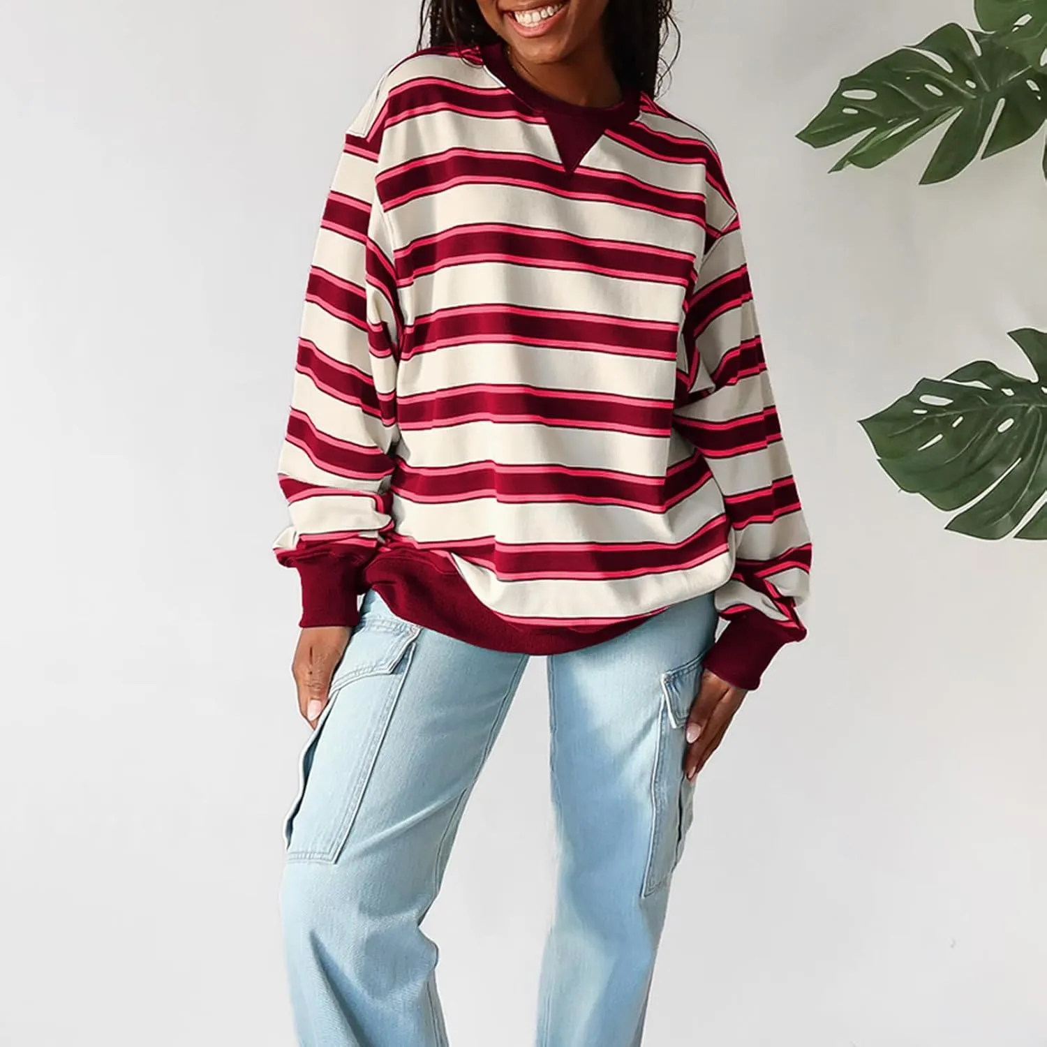Y2K Sweatshirt Women Striped Oversized Color Block Crew Neck Long Sleeve Shirt Casual Pullover Top 2024 Fall Clothes