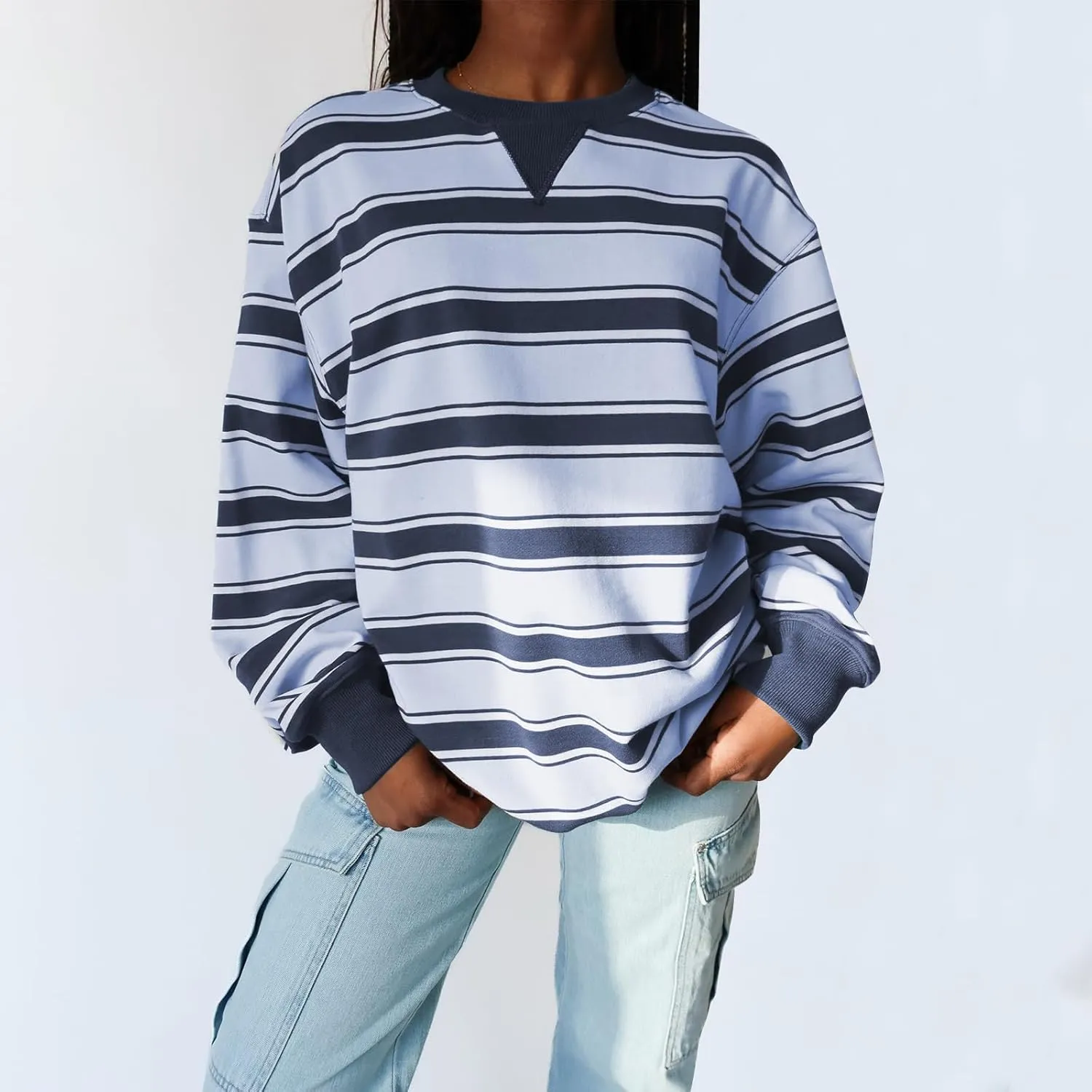 Y2K Sweatshirt Women Striped Oversized Color Block Crew Neck Long Sleeve Shirt Casual Pullover Top 2024 Fall Clothes