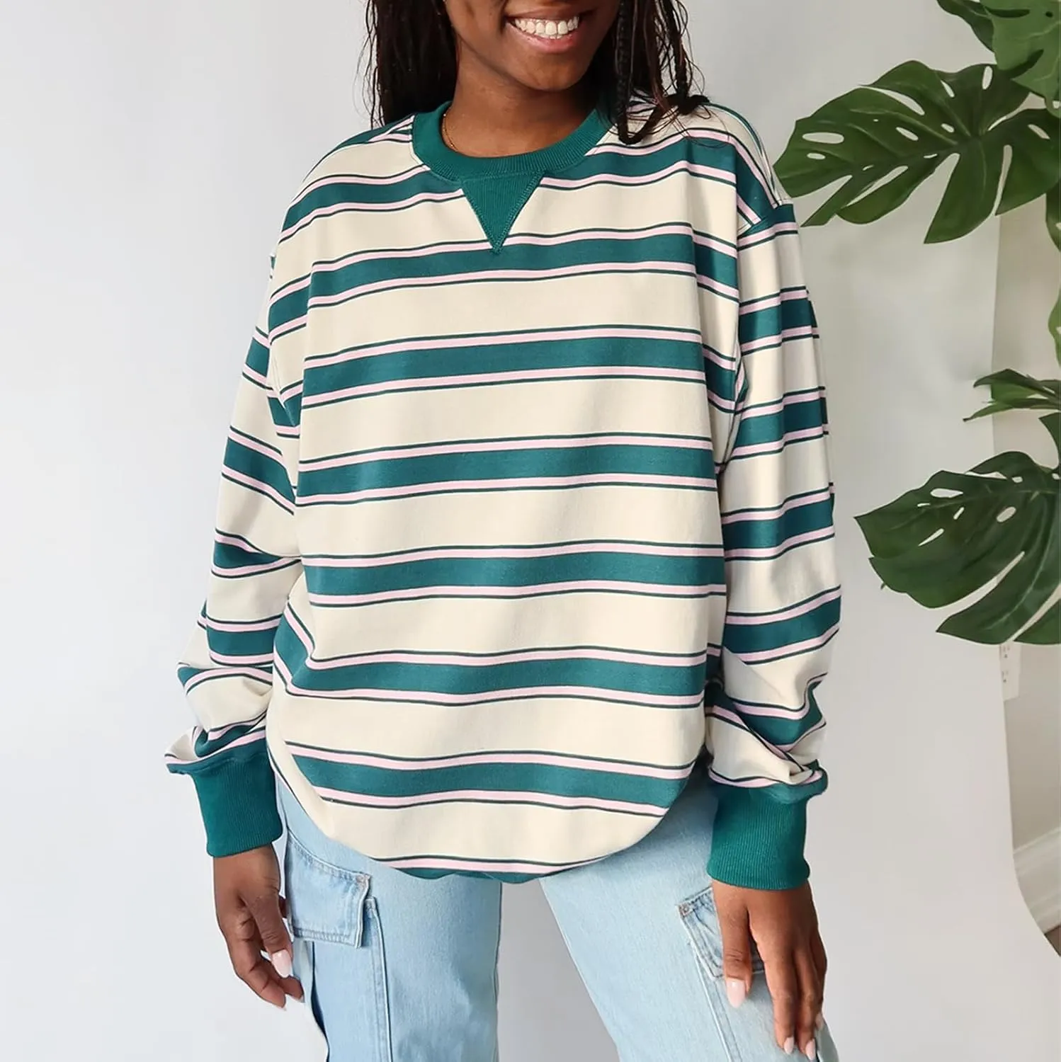Y2K Sweatshirt Women Striped Oversized Color Block Crew Neck Long Sleeve Shirt Casual Pullover Top 2024 Fall Clothes