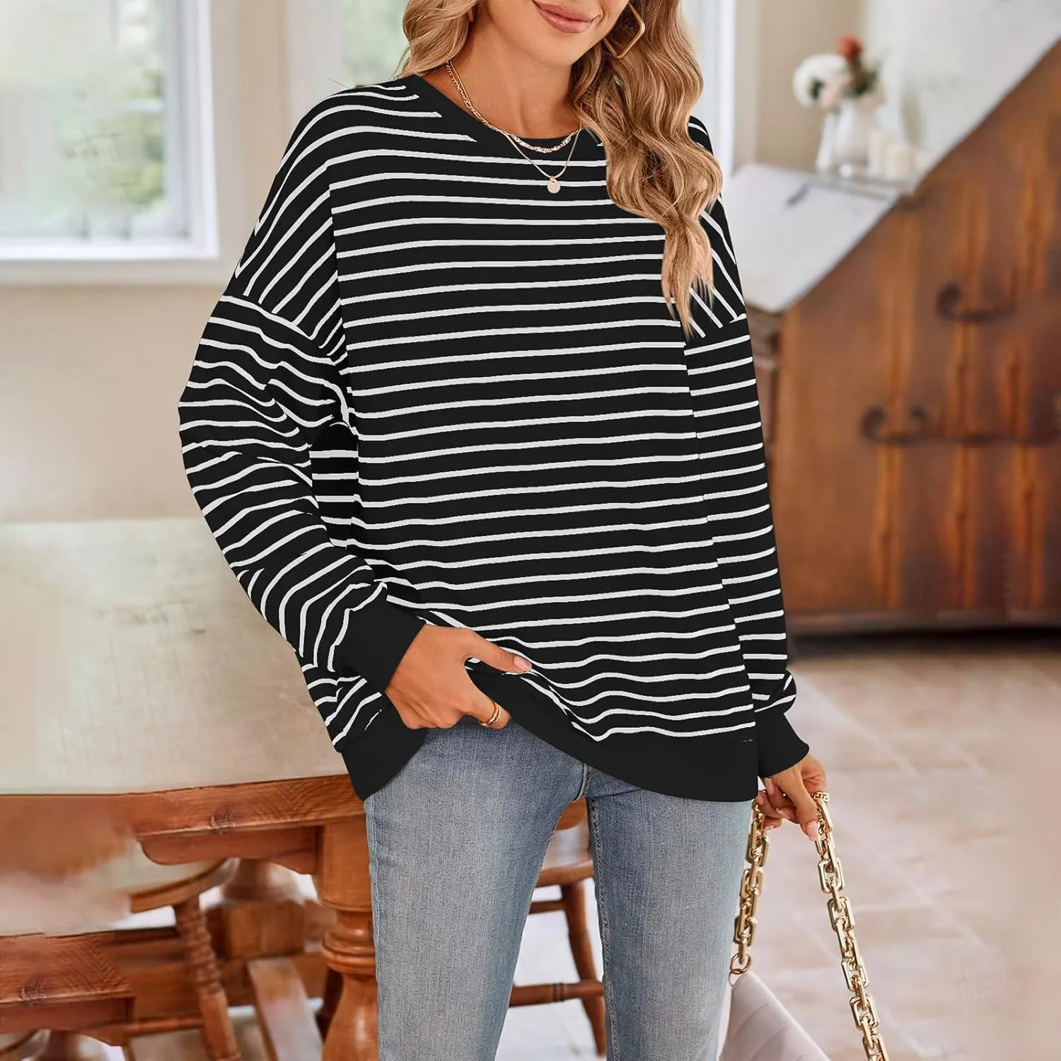 Y2K Sweatshirt Women Striped Oversized Color Block Crew Neck Long Sleeve Shirt Casual Pullover Top 2024 Fall Clothes