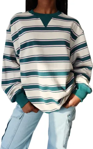 Y2K Sweatshirt Women Striped Oversized Color Block Crew Neck Long Sleeve Shirt Casual Pullover Top 2024 Fall Clothes