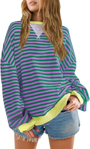 Y2K Sweatshirt Women Striped Oversized Color Block Crew Neck Long Sleeve Shirt Casual Pullover Top 2024 Fall Clothes