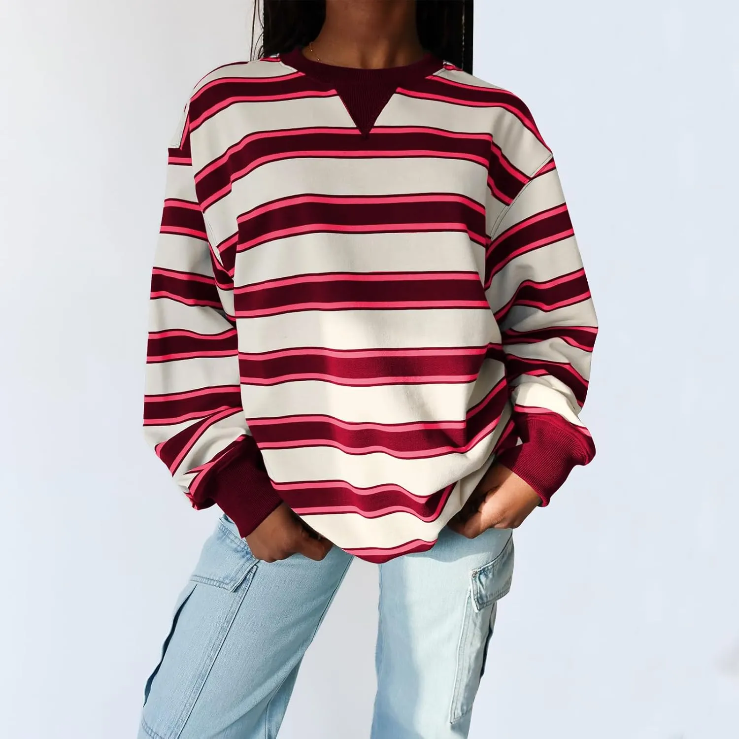 Y2K Sweatshirt Women Striped Oversized Color Block Crew Neck Long Sleeve Shirt Casual Pullover Top 2024 Fall Clothes