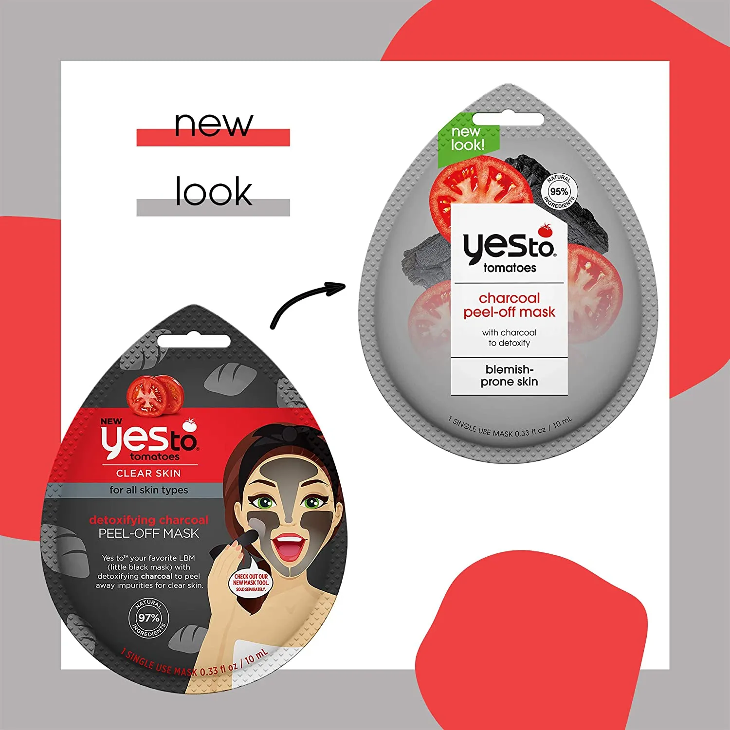 Yes To Tomatoes Clear Skin Detoxifying Charcoal Peel-Off Mask for All Skin Types To Detoxify Skin & Peel Away Impurities, 3 Count, Pack of 3