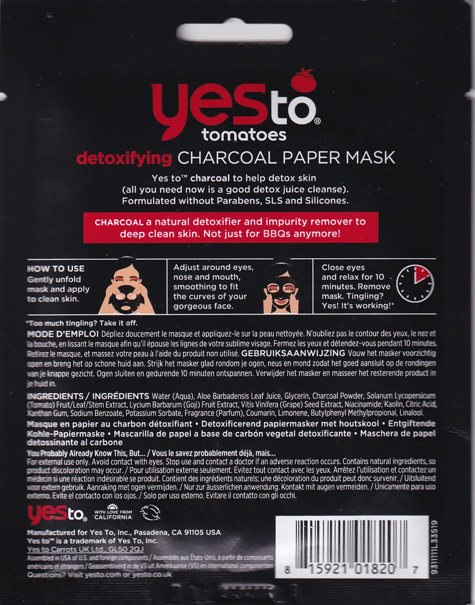 Yes To Tomatoes Detoxifying Charcoal Paper Mask, 1 ct