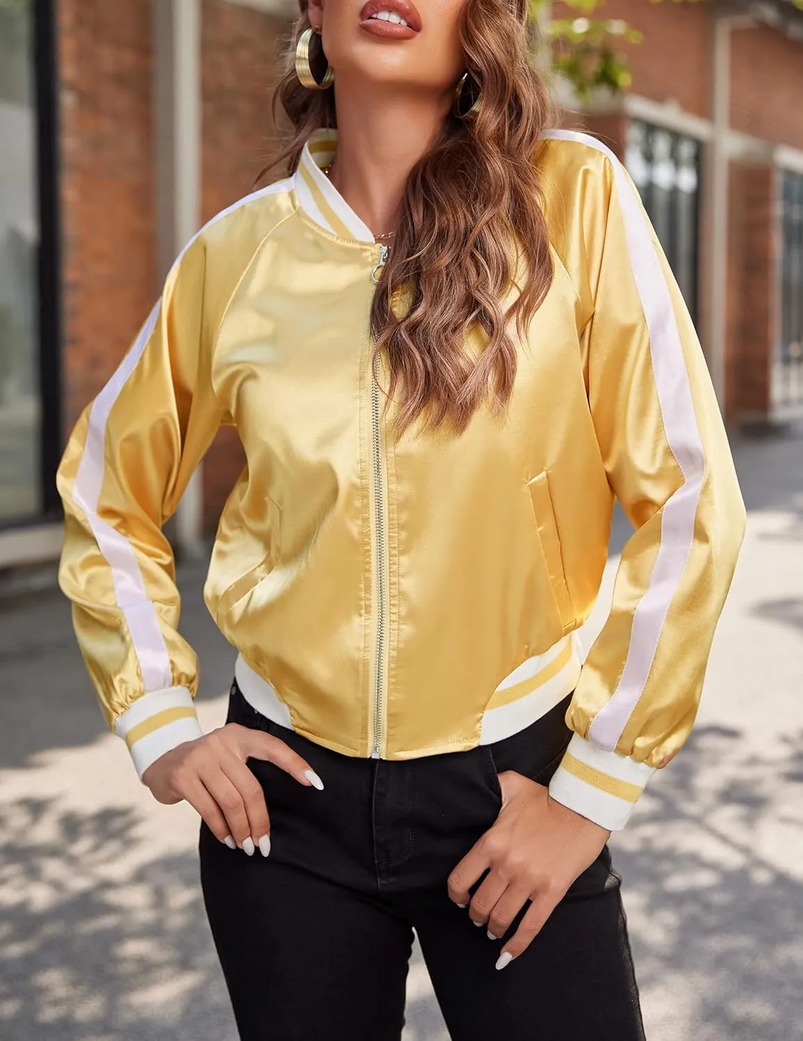 Zeagoo Women's Bomber Jacket Lightweight Zip Up Jacket Casual Striped Jacket Coat Outerwear Windbreaker with Pockets