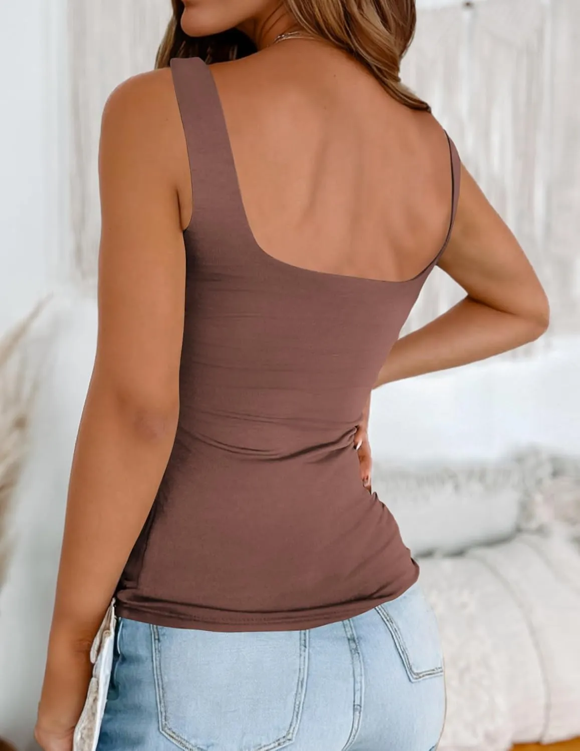 Zeagoo Women's Square Neck Double Lined Tank Tops Cute Summer Tops Seamless Slim Fit Basic Sleeveless Shirts
