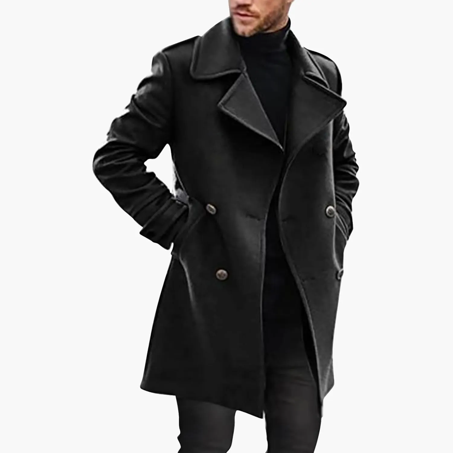 Zeiyignr Mens Double Breasted Trench Coat Casual Lapel Collar Business Winter Long Overcoats Wool Blend Pea Coat Windbreaker
