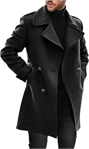 Zeiyignr Mens Double Breasted Trench Coat Casual Lapel Collar Business Winter Long Overcoats Wool Blend Pea Coat Windbreaker
