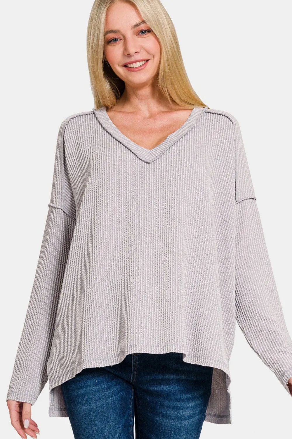 Zenana Waffle Exposed Seam V-Neck Long Sleeve Womens Pullover