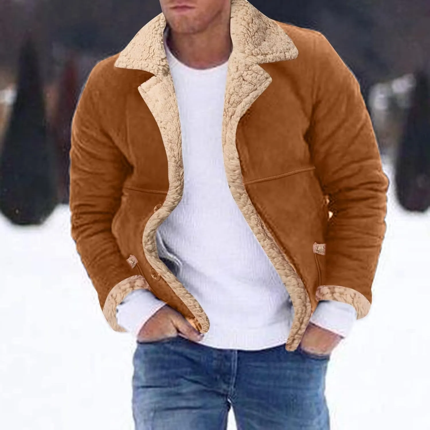 ZWRXW Men's Sheepskin Leather Jackets Shearling Fur Lined Bomber Jacket Winter Thicke Warm Lapel Outwear Coats with Pockets