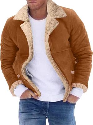 ZWRXW Men's Sheepskin Leather Jackets Shearling Fur Lined Bomber Jacket Winter Thicke Warm Lapel Outwear Coats with Pockets