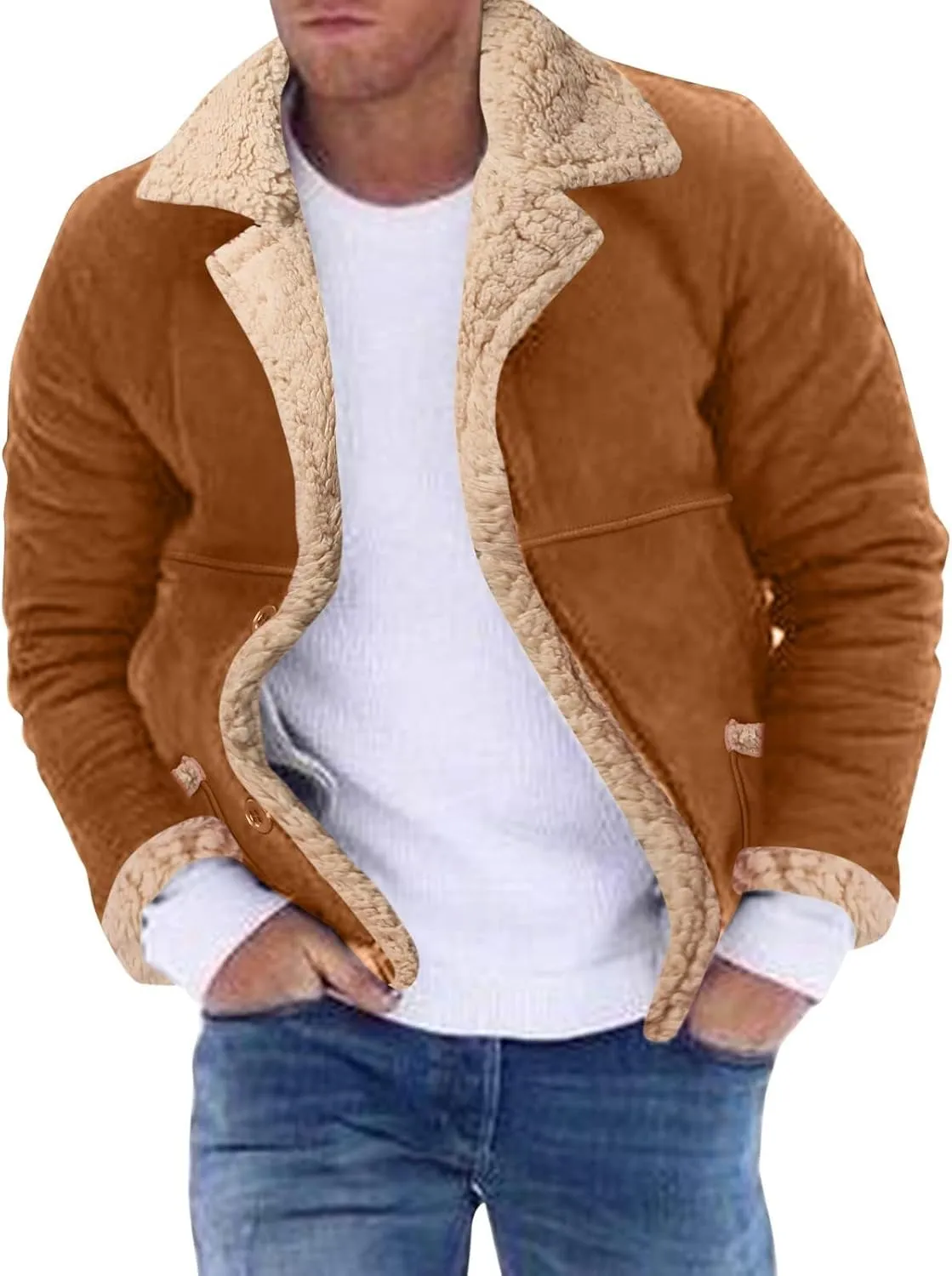 ZWRXW Men's Sheepskin Leather Jackets Shearling Fur Lined Bomber Jacket Winter Thicke Warm Lapel Outwear Coats with Pockets